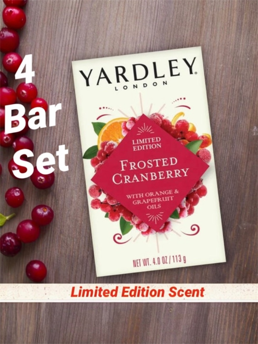 Yardley London Limited Edition Soap Frosted Cranberry NEW 4 Bars Bundle Pack Red